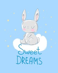 Hand Drawn cute rabbit sitting on a cloud illustration. Children's print and poster.