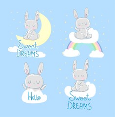 Hand Drawn cute rabbit set vector illustration. Print for children's pajamas.
