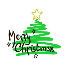 Hand drawn typography lettering phrase Merry Christmas on the white background with brush strokes, star, christmas tree. Brush calligraphy inscription. Hand drawn lettering phrase 