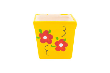 Cute yellow flower pot with flower paint isolate on white background