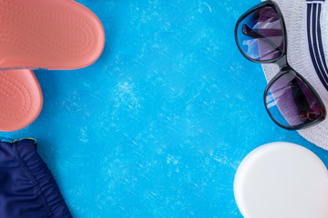 Stylish flat lay created from summer props hat, glasses and lips. Summer concept, party set. Top view. Copy space.