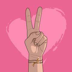 Victory hand on the background of a pink heart - 285813933