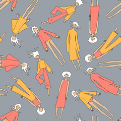 Nice seamless pattern with chaotic flying girls in yellow and red pajamas. Endless ornament in bright colours with flying in a dream girls on light brown backdrop. Night sky pattern with flying girls