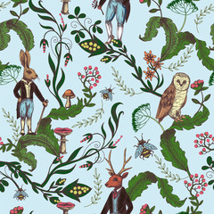 Fairytale graphic seamless pattern with forest animals and flowers. - obrazy, fototapety, plakaty