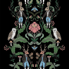 Fototapety  Fairytale graphic seamless pattern with forest animals and flowers.