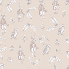 Fototapety  Fairytale graphic seamless pattern with forest animals and flowers.