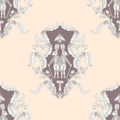 Fairytale graphic seamless pattern with forest animals and flowers.