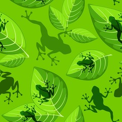 Frog shapes on Green Leaves Vector Sesmless Textile Pattern Design