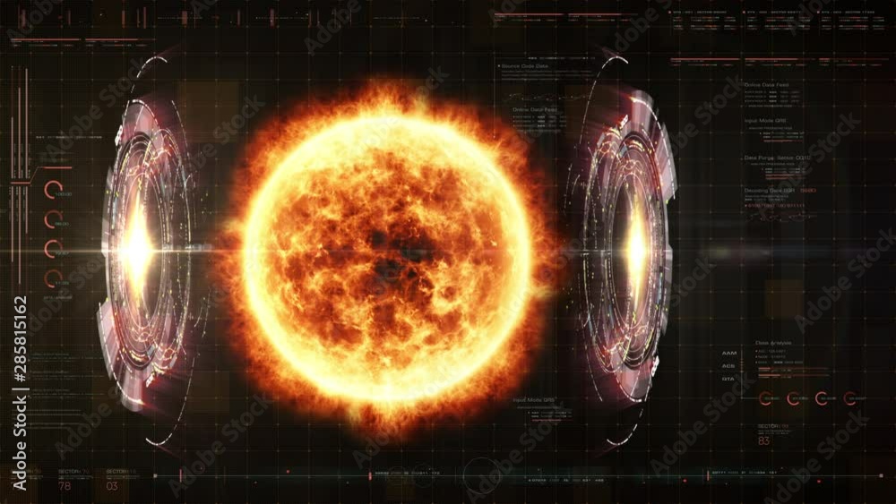 Poster Futuristic motion graphic user interface head up display screen with Holographic Sun Corona Particles and digital data telemetry information display for digital background