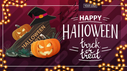 Happy Halloween, trick or treat, modern horizontal discount banner with wooden sign, witch hat and pumpkin Jack