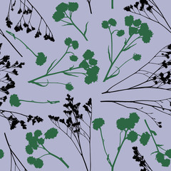 Vector herbs seamless pattern. Wild grass silhouettes background. Hand drawn vector seamless pattern with floral elements. Vector pattern with grass and flowers. 
