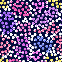 Pattern with small size spots and brush strokes. Multicolored polka-dot pattern. Pattern with multicolored dots on a blue background.