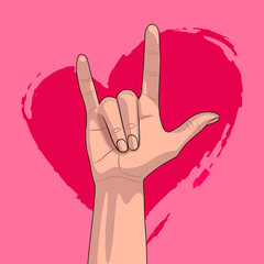 I Love You hand on the background of a pink heart. Hand gesture, I Love You. Valentine's day card with ILY on pink background. 