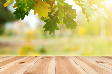 Naklejka na ściany i meble Wooden empty table plank on autumn blur background, space for text