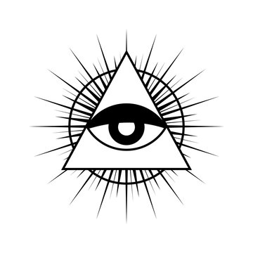 All seeing eye symbol with triangle. All-seeing eye, eye with rays and pyramid, vector.