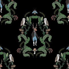 Obraz na płótnie Canvas Fairytale graphic seamless pattern with forest animals and flowers.