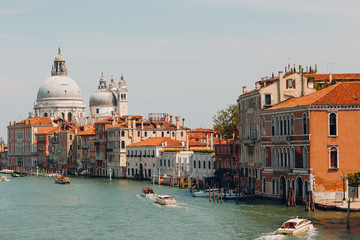 Old cathedral of Santa Maria della Salute and Grand Canal in Venice, Italy