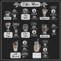 Coffee menu with different drinks. Vector.