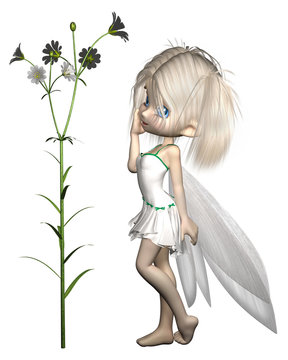 Fantasy illustration of a pretty toon fairy with white flowers, wings and dress, 3d digitally rendered illustration