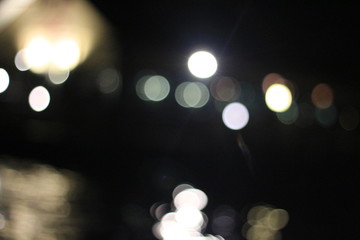 Night twilight blurred bokeh floating market water front, abstract background