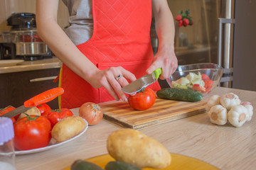 Young woman cooking healthy meal in the kitchen. Cooking healthy food at home. Woman in kitchen preparing vegetables. Chef cuts the vegetables into a meal
