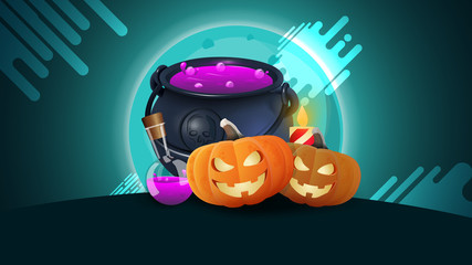 Halloween background for your creativity with night landscape, full moon over the hill, witch's pot and pumpkin Jack