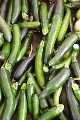 Close-up full frame view of a variety of organic Italian squash zucchini displayed at a market stand