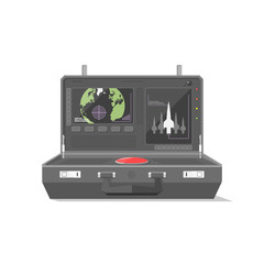 The black nuclear briefcase has two displays the one is a world map the another shows the rockets also there is a red button. the nuclear briefcase is isolated on a white background.