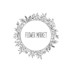 Hand Drawn Vector Flower Market Logo on Wreath. 