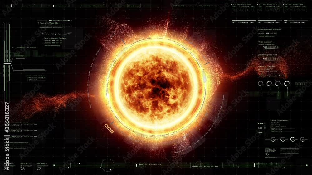 Poster Futuristic motion graphic user interface head up display screen with Holographic Sun Corona Particles and digital data telemetry information display for digital background