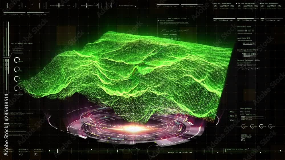 Fototapete futuristic holographic terrain environment, geomorphology, topography and digital data telemetry inf