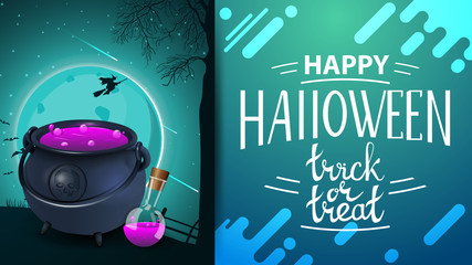 Happy Halloween, trick or treat, modern horizontal greeting postcard with beautiful night halloween landscape and witch's cauldron
