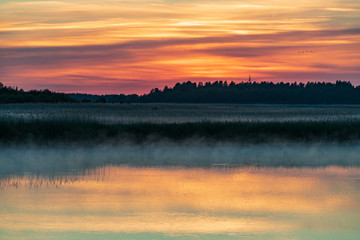 Obraz premium Evening sunlight on coast, pink clouds, blue sky reflection on water. Beach in summer. Seaside natural environment. Shore in Laelatu, small island in Estonia. Nature Reserve in North Europe
