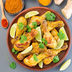 Indian chicken tandoori, marinated in greek yogurt  and spices, served with lime wedges and cilantro, top view, square format, closeup
