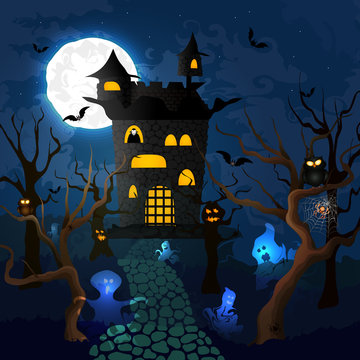 Vector Illustration of Halloween. Count Dracula's Castle. Flat. Halloween party invitation. Holiday poster