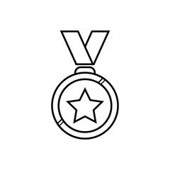 Round outline medal with big star and ribbons. Round outline medal with ribbons and star, leader icon. Medal with star, vector icon.