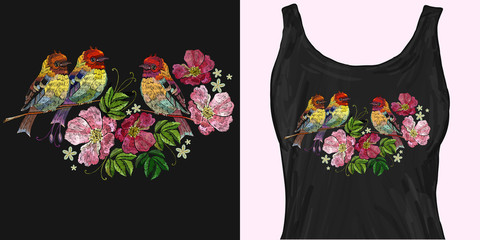 Embroidery birds and wild roses. Trendy apparel design. Template for fashionable clothes, textile, modern print for t-shirts