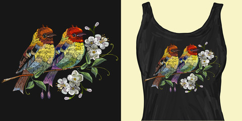 Embroidery two birds on the blossoming cherry. Trendy apparel design. Template for fashionable clothes, textile, modern print for t-shirts