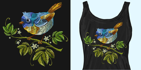 Embroidery wild roses and tropical birds. Trendy apparel design. Template for fashionable clothes; textile; modern print for t-shirts