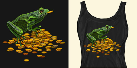 Embroidery queen frog and golden coins. Trendy apparel design. Template for fashionable clothes, textile, modern print for t-shirts