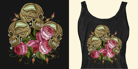 Embroidery three skulls and roses flowers. Trendy apparel design. Template for fashionable clothes, textile, modern print for t-shirts