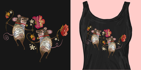 Two cheerful mice are danced in flowers classical embroidery. Trendy apparel design. Template for fashionable clothes, textile, modern print for t-shirts
