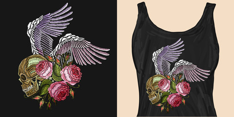 Embroidery human skull, angel wings and roses. Trendy apparel design. Template for fashionable clothes, textile, modern print for t-shirts