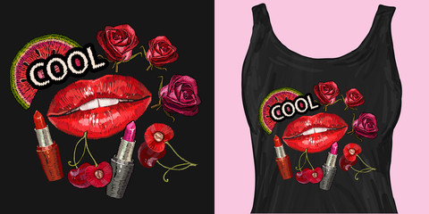 Embroidery, slogan cool. Female lips, roses. Trendy apparel design. Template for fashionable clothes, textile, modern print for t-shirts
