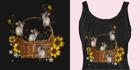 Embroidery sunflowers and mouse in a wattled basket funny art. Trendy apparel design. Template for fashionable clothes, textile, modern print for t-shirts