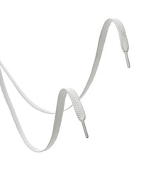 pair white textile shoelaces, hanging in the air, isolated on white background