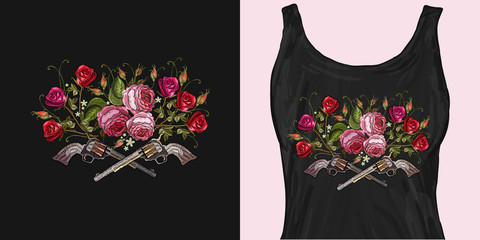 Embroidery crossed guns and roses. Symbol of romanticism and crime. Trendy apparel design. Template for fashionable clothes, textile, modern print for t-shirts
