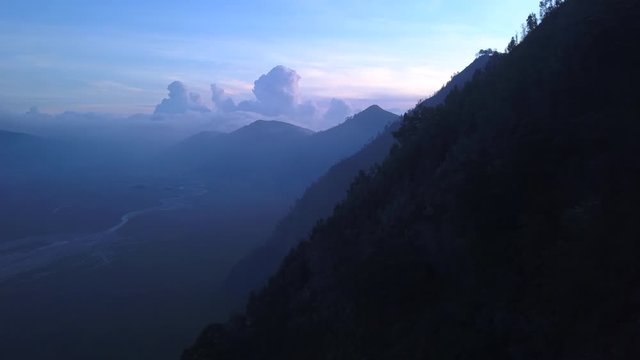 AERIAL: Landscape of caldera Bromo volcano in early morning, Java island, Indonesia