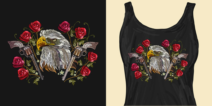 Embroidery eagle head, crossed guns and roses. Symbol of romanticism and crime. Trendy apparel design. Template for fashionable clothes, textile, modern print for t-shirts
