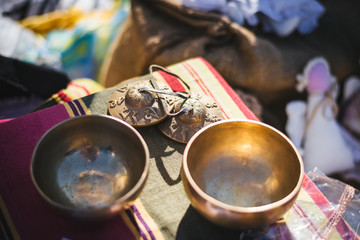 Tibetan musical bowls and cymbals for music theraphy relaxation